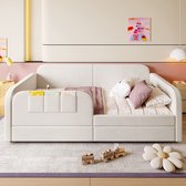 Pugsdrly Kinderbed dagbed slaapbank 90x200 cm met metalen bedframe 3 kleine opbergzakken 2 lades op wieltjes in fluweel MDF multiplex wit
