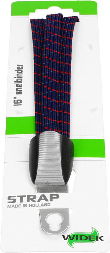 Donkerblauwe snelbinder met rode stippen, 16 inch, verpakt in karton met groene en witte accenten. "STRAP MADE IN HOLLAND WIDEK".
