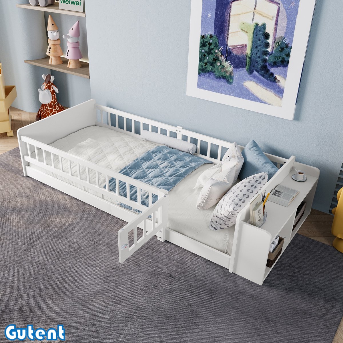 Gutent Houten kinderbed-90 x 200 cm-Pine-Open opbergkast-Hoogteplanken-Geen matras-Wit