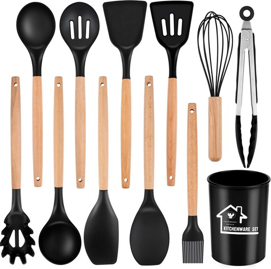 Ensemble de cuisine Premium 12 pièces - Batterie de cuisine en Siliconen avec Poignées en bois | Sans BPA et résistant à la chaleur (300°C) | Comprend 9 Tools + support de rangement (Zwart)