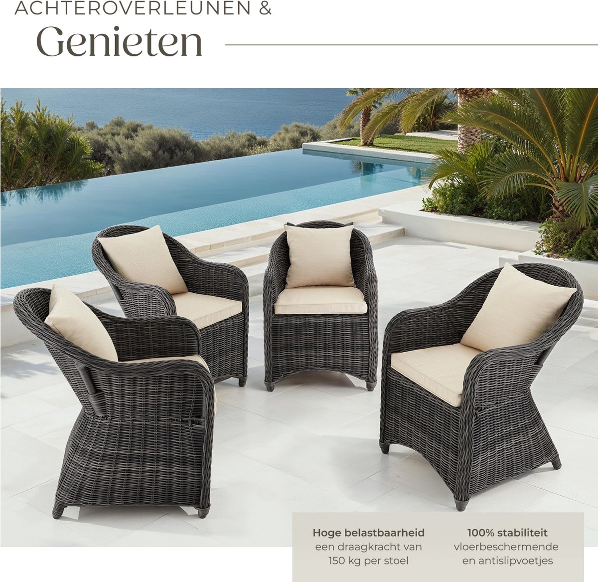 tectake® Set van 4 Wicker Stoelen - Polyrotan Tuinstoelen met Aluminium Frame - Rieten Buitenstoelen met Zachte Zitkussens - Weerbestendig voor Tuin, Terras, Balkon en Wintertuin - Grijs – foto 6