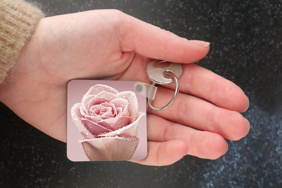 Porte-clés - Distribuer des cadeaux - Gouttes de rosée sur une seule rose rose - Plastique