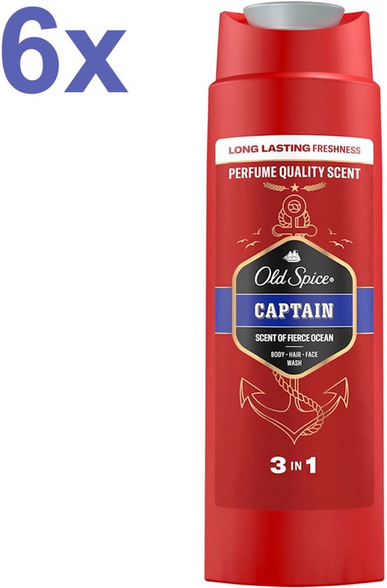 Rode Old Spice Captain 3-in-1 fles, "LONG LASTING FRESHNESS", "PERFUME QUALITY SCENT". "6x" in blauw.