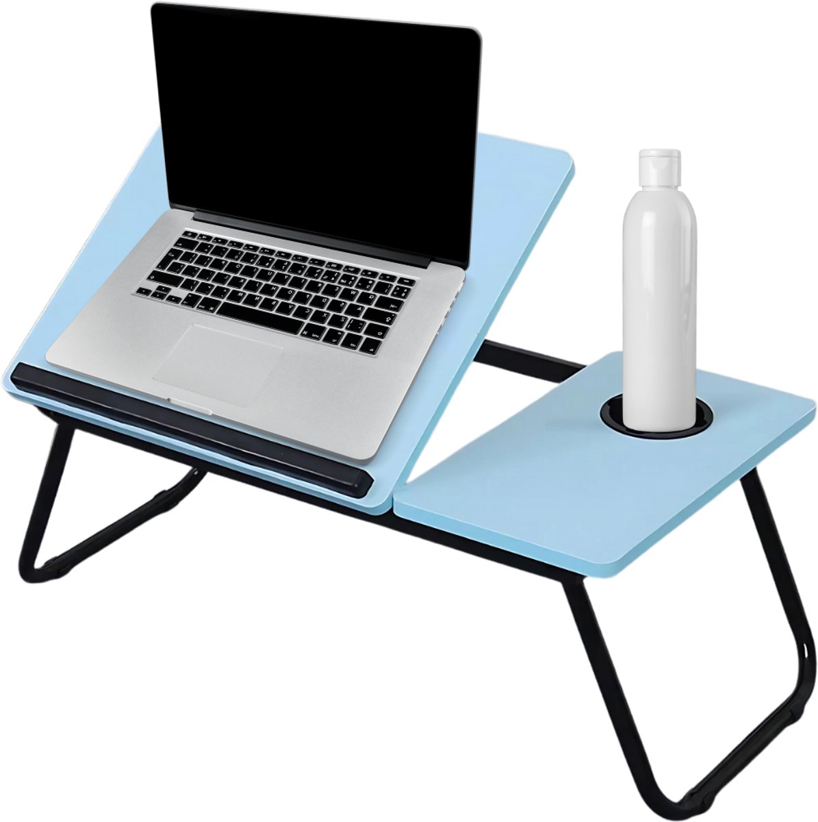 Lomera Verstelbare Bedtafel - Laptoptafel Verstelbaar - Ontbijt Op Bed - Opklapbaar Onderstel - Anti-Slip Rubber - Bekerhouder - Lichtblauw Tafelblad - MDF Tafelblad - Metalen Frame - Opvouwbare Tafel - Laptoptafel nvt