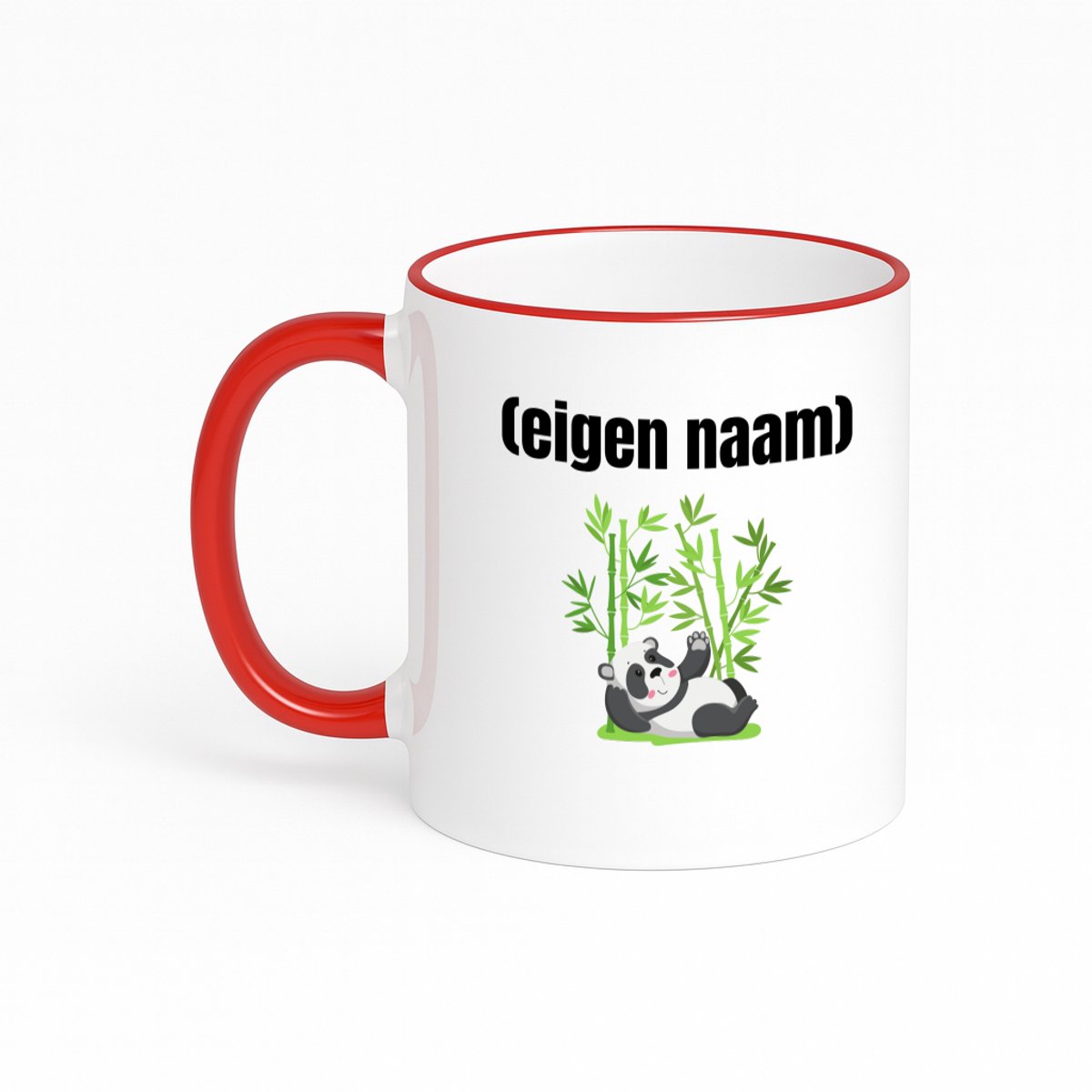 Hacebo® - liggende panda en bamboe met eigen naam koffiebeker met gekleurde rand rood - Panda - panda liefhebbers - thee mok - koffie beker - iemand die houdt van panda's - verjaardag - cadeau - kado - koffiemok - 330 ML