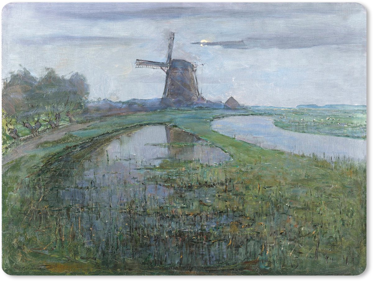 Muismat XXL 80x60 cm - Bureau onderlegger - Bureau mat Oostzijdse molen aan het Gein bij maanlicht - Piet Mondriaan - Bureaumat - Gaming mousepad xl - Bureaulegger groot - Computer deskmat