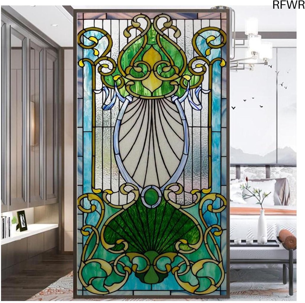 RFWR Glas in lood patroon privacy raamfolie voor raamdecoratie - anti-UV en warmte regulerende raamstickers Geel