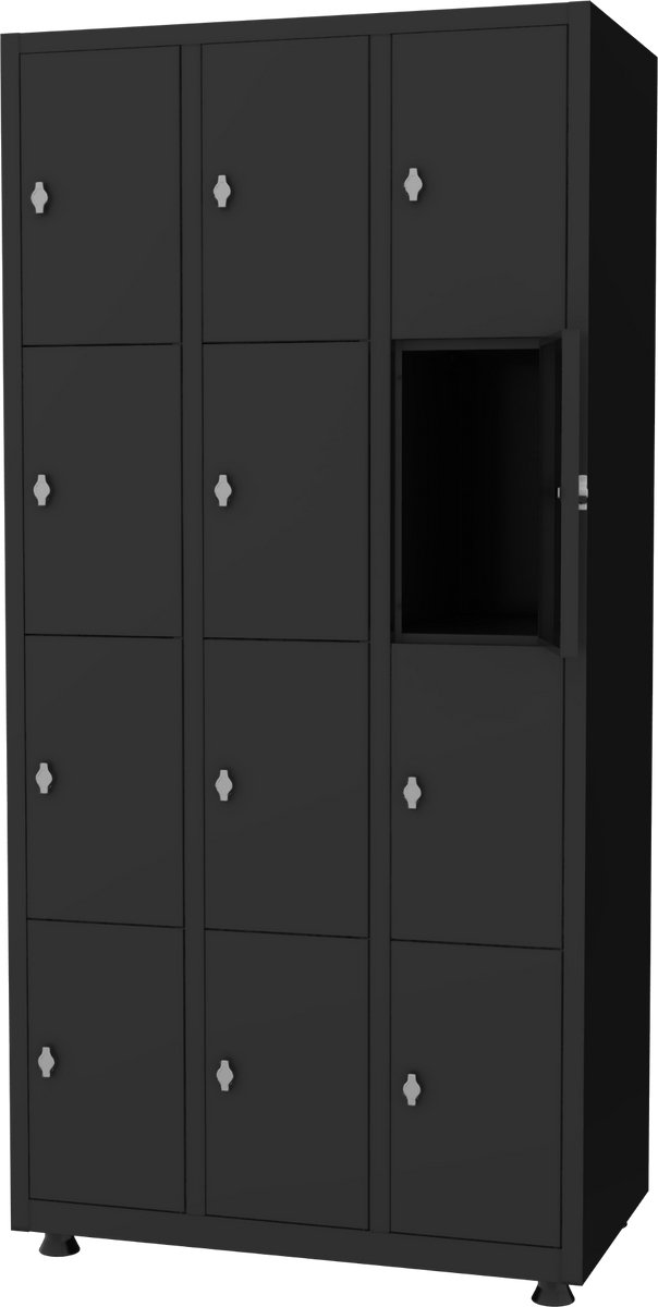 Lockerkast metaal - 3 delig - 12 deurs - legkluisjes - 180x88,5x50cm - Zwart - Draaiknopslot voor hangslot