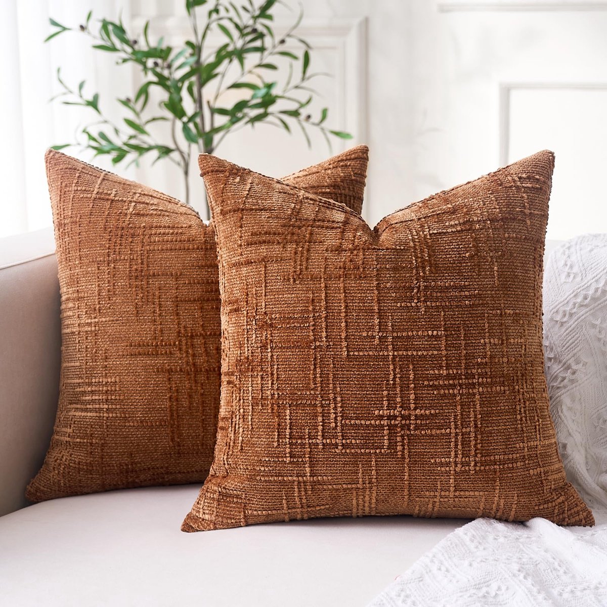 Ibenzoa Set van 2 luxe bohemien kussenslopen in karamel, chenille, 40 x 40 cm voor interieurdecoratie