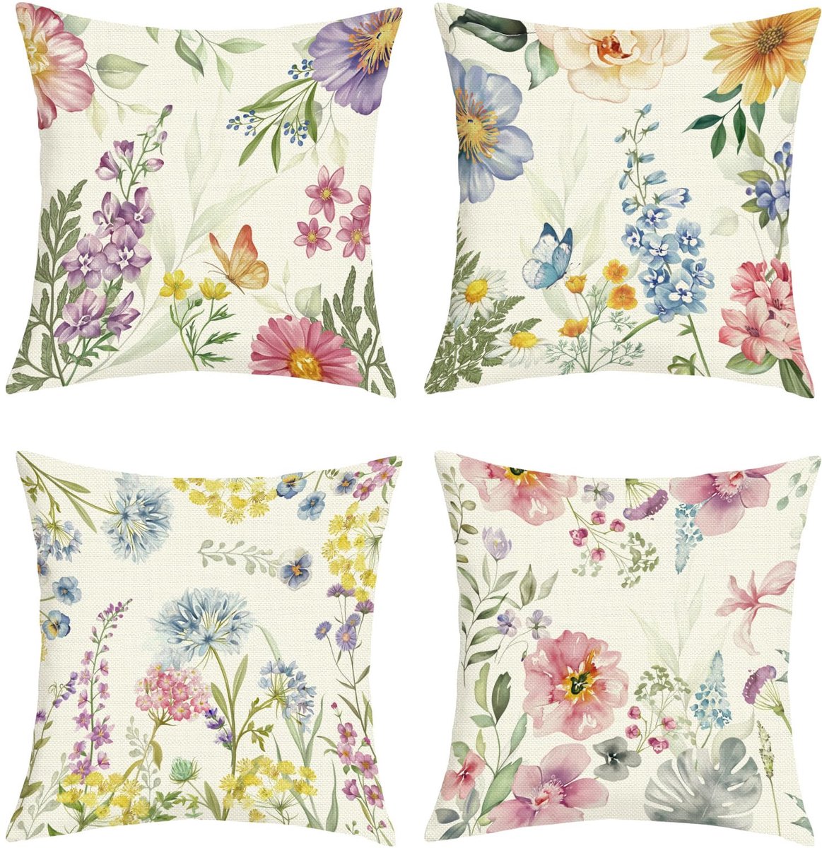 Ibenzoa Kussenslopen Set van 4 voor Lente en Zomer met Bloemen- en Vlinderprint voor Woonkamer en Slaapkamer bloemen1