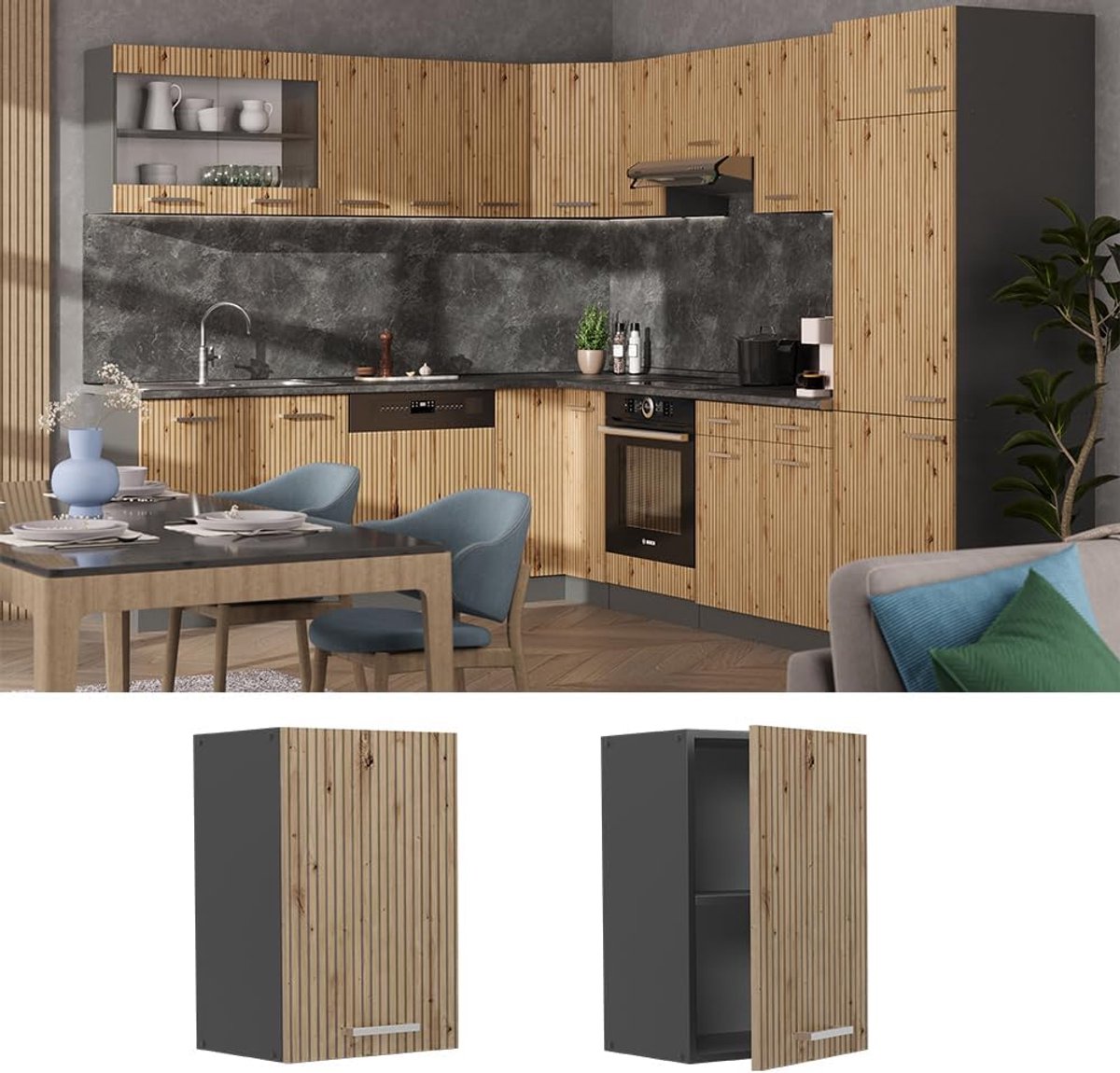 RFWR Hangkast 40 cm in Artisanaal Eiken en Antraciet - Modulaire Keukenoplossing Ambachtelijke Eik