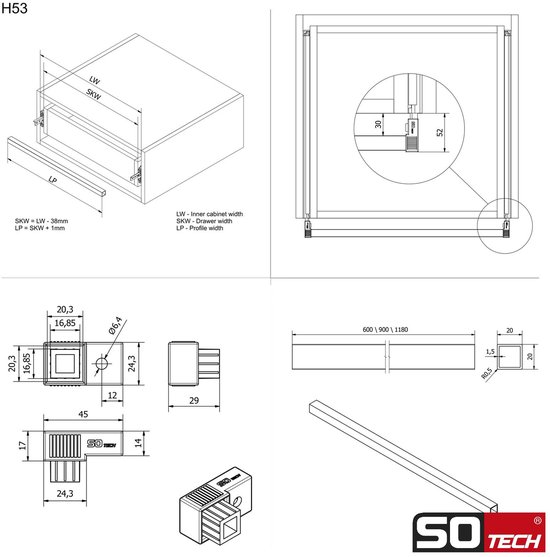 SOTECH VarioSlide Laderail complete set KV2-100-H53-450 EH 450 mm tot 100 kg eenhandsvergrendeling zwart geanodiseerd voor laden zonder front tot 1200 mm breed