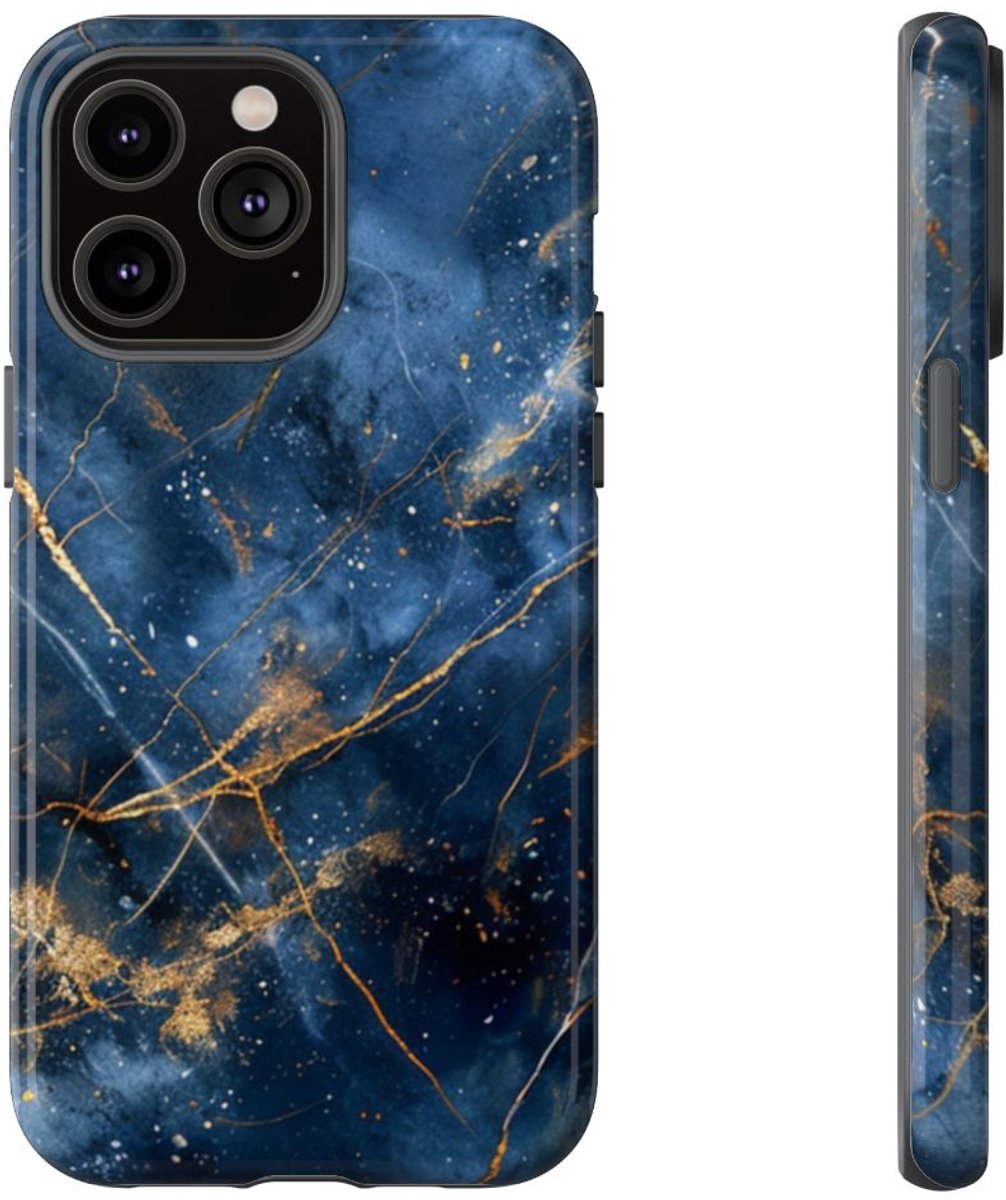 Blauw Marmerpatroon met Gouden Adering – Telefoonhoesje Geschikt voor iPhone 14 Pro Max