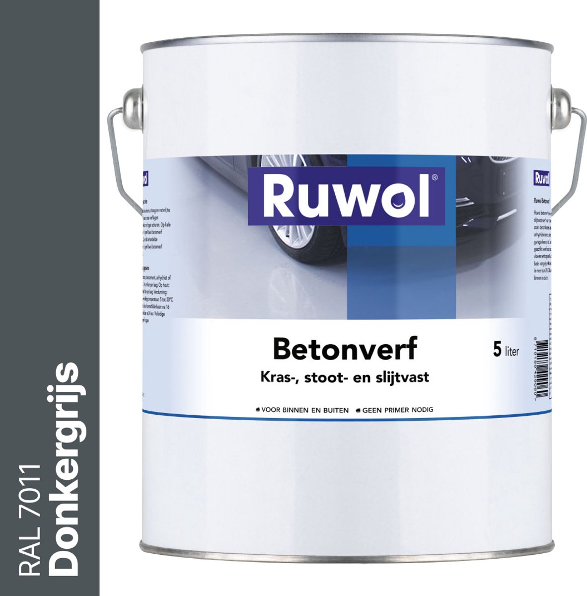 Ruwol Betonverf Donkergrijs (RAL 7011) 5 liter - Voor binnen en buiten - Alle kleuren - Kras-, stoot- en slijtvaste verf voor beton en steen - Betonverf voor buiten