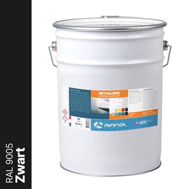 Witte emmer met 20 liter zwarte metaalverf. Toont kleurstalen: grijs, wit, geel, rood, blauw.