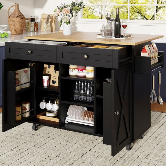Îlot de cuisine moderne, meuble de cuisine, buffet, chariot de service avec grain de bois, table à manger multifonctionnelle avec espace de rangement, chariot de service avec supports à collation, noir