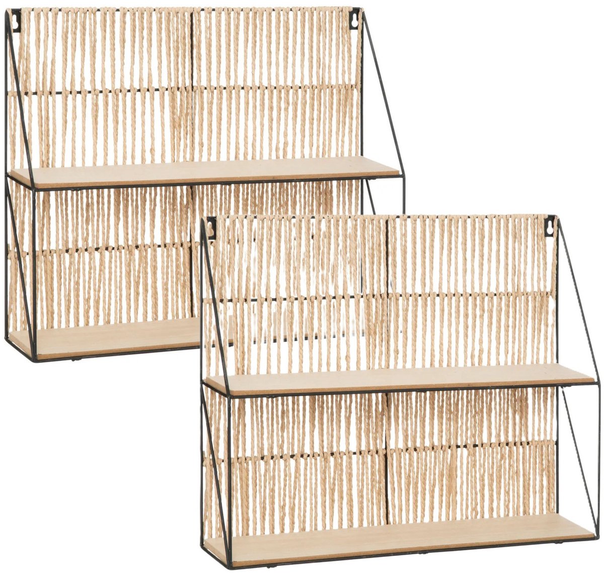 Atmosphera Wandplankje Tatra 2 laags - 2x - zwart/beige - metaal/hout/papier - 48 x 12 x 40 cm - muur planken