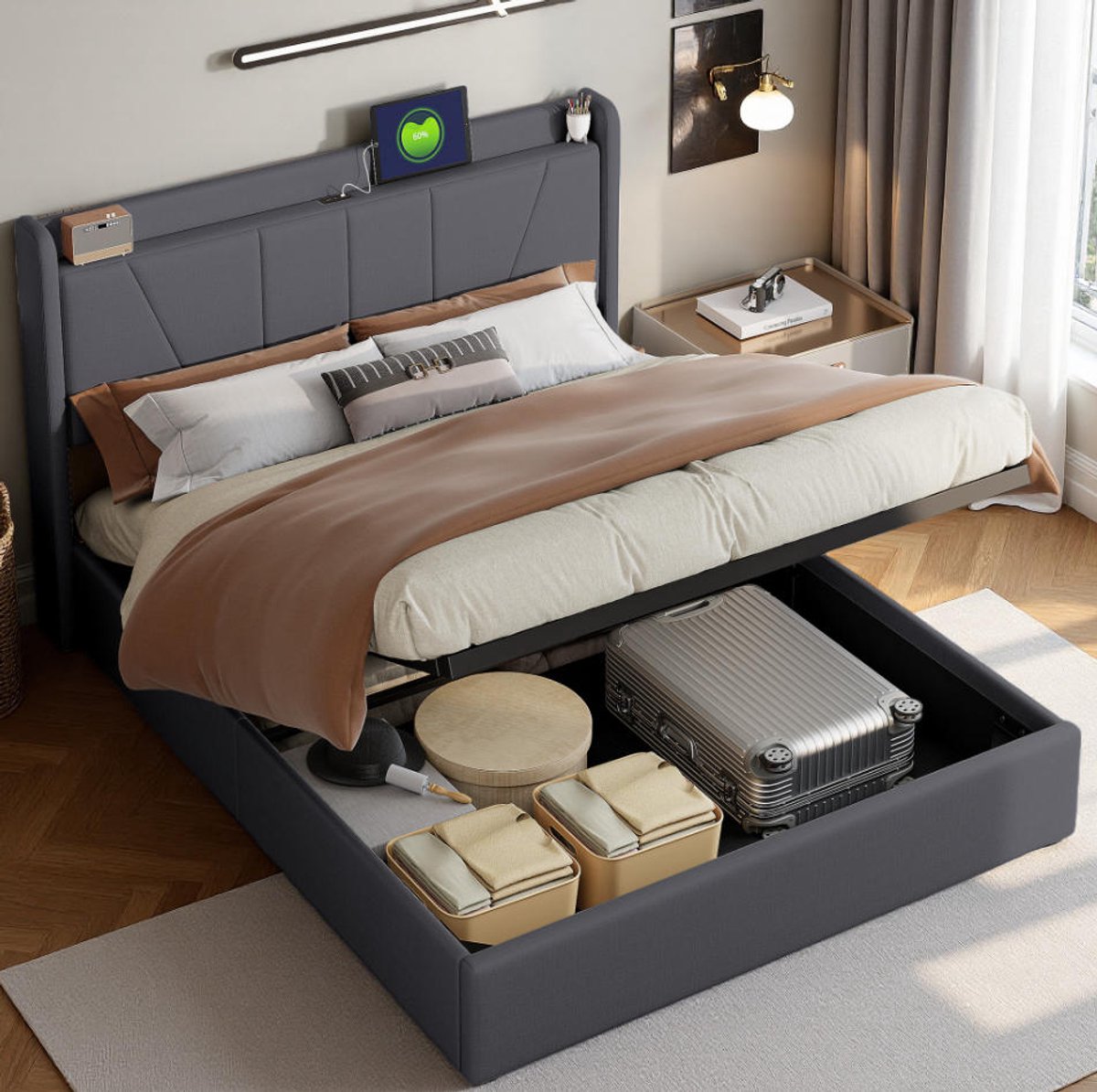 Tweepersoonsbed 160x200cm met Opbergruimte en USB-C, Hydraulisch Linnen Bed met Lattenbodem en Hoofdbord, grijs