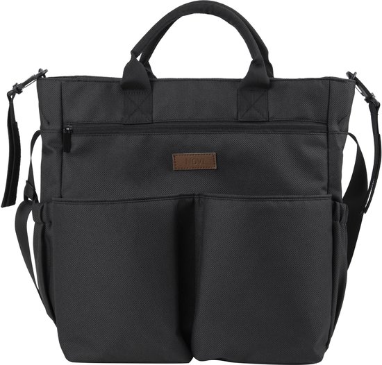 Sac à langer noir avec logo "NOVI", deux poches avant et poignées.