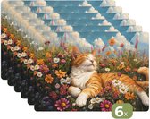 Napperons - 6 pièces - 45x30 cm - Set de table en plastique - Chat - Fleurs - Relax - Dessous de Assiettes - Décoration de table - Accessoires de décoration de table de Cuisine - Dessous de verre en Vinyl - Décoration de table