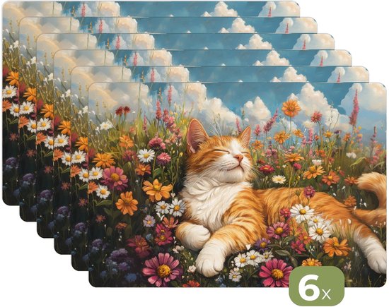 Placemats - 6 stuks - 45x30 cm - Placemat kunststof - Kat - Bloemen - Ontspannen - Borden onderleggers - Decoratie voor op tafel - Keuken tafeldecoratie accessoires - Vinyl onderlegger - Tafelversiering