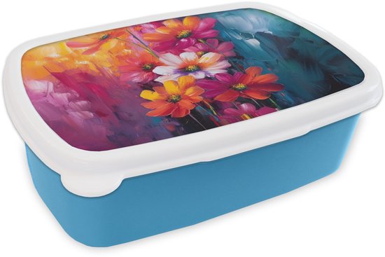 Broodtrommel Blauw - Lunchbox Felle bloemen - Dynamisch - Levendig - Brooddoos 18x12x6 cm - Brood lunch box - Broodtrommels voor kinderen en volwassenen