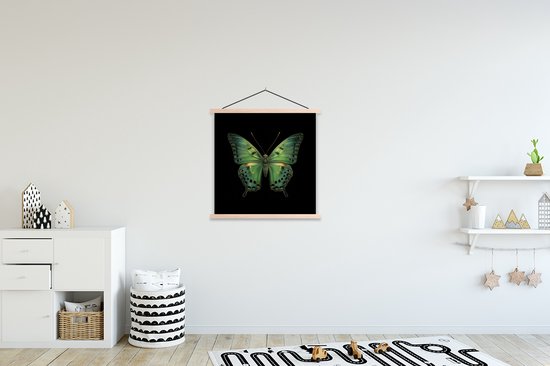 Posterhanger incl. Poster 90x90 cm - Schoolplaat - Vlinder - Groen - Diepte - Textielposter - Blanke latten