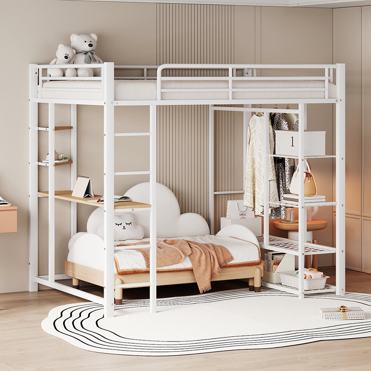 Pugsdrly Metalen hoogslaper met ladder 140*200 cm, juniorbed tweepersoonsbed met tafel met eenvoudige kledinghangers met opbergvakken, wit