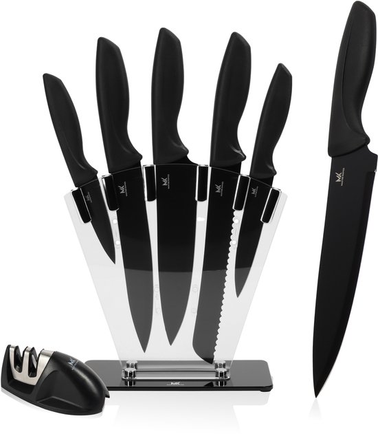 Master knives 7 -delige zwarte messenset met blok en messenslijper - carbon staal