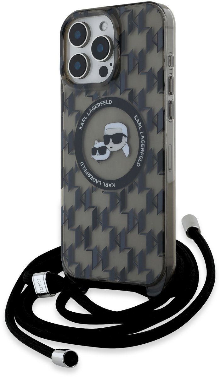 Karl Lagerfeld iPhone 16 Pro Max Backcover hoesje Magsafe IML KC heads - cord - Zwart