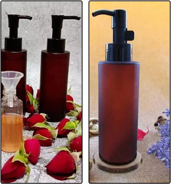 Flacons pompe en verre dépoli pour produits de toilette - Set de 2 avec Pompes noires - Lotion, huile essentielle, démaquillant, Shampooing - 100 ml - Rouge vin