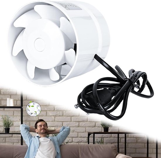 WingFly Buisventilator, 100 mm, afvoerventilator, met terugslagklep en EU-stekker, rookafvoer, kanaalventilator, 130 m³/uur, inline buisventilator, stil voor badkamer, keuken, kas
