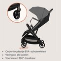 Grijze en zwarte Lionelo kinderwagen met detail van de EVA-schuimwielen en vering.