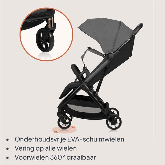 Grijze en zwarte Lionelo kinderwagen met detail van de EVA-schuimwielen en vering.
