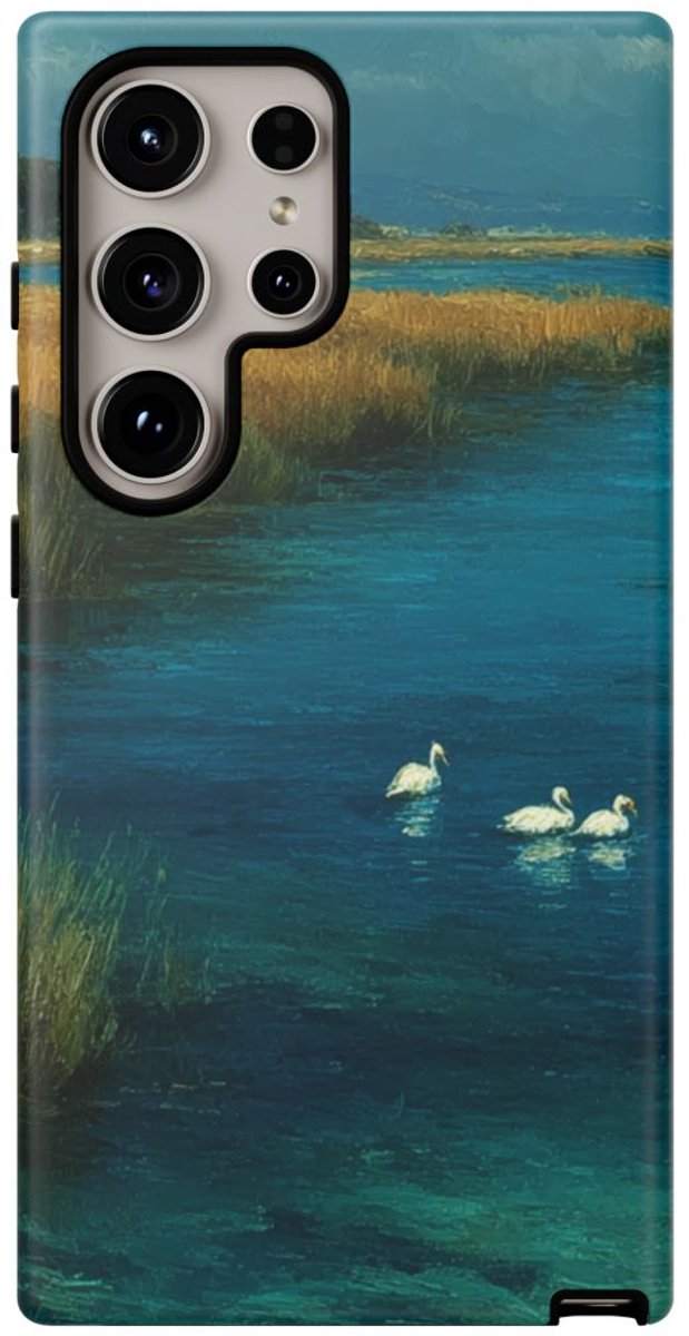 Rustig Moeraslandschap met Zwanen – Telefoonhoesje Geschikt voor Galaxy S24 Ultra