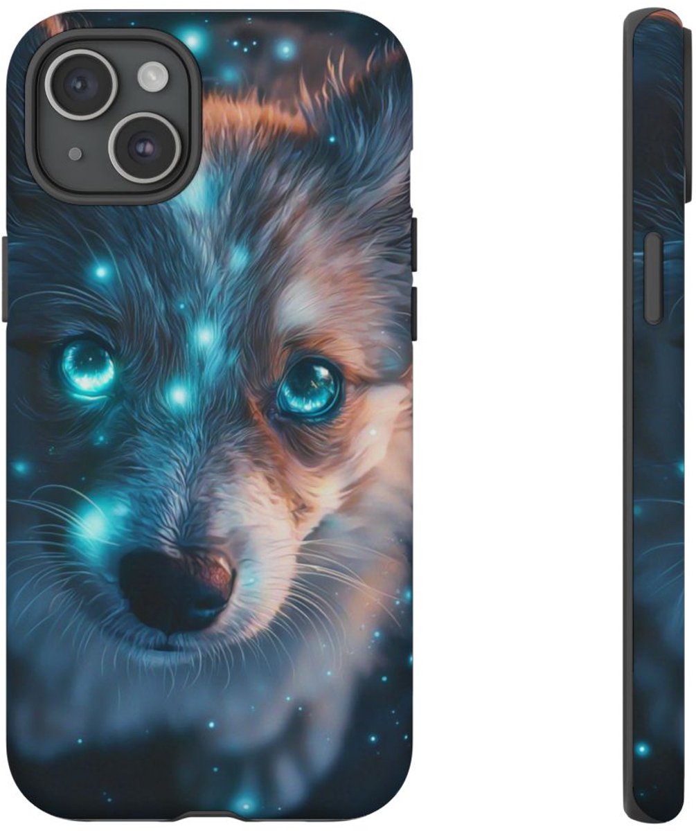 Schattige Puppy met Gloeiende Ogen – Telefoonhoesje Geschikt voor iPhone 15 Plus