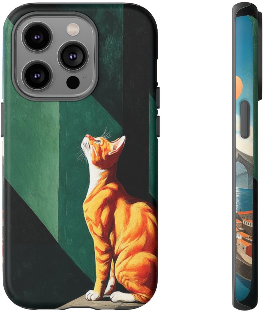 Oranje Kat in Geometrische Schaduwen – Telefoonhoesje Geschikt voor iPhone 14 Pro