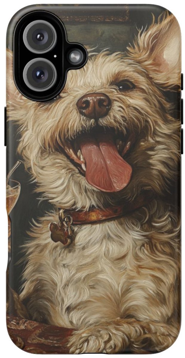 Vrolijke Terrier met Cocktail – Telefoonhoesje Geschikt voor iPhone 16 Plus