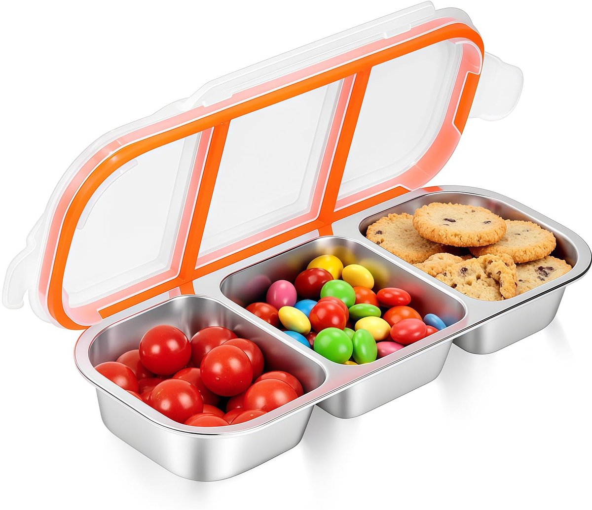 RVS Snackbox - Herbruikbaar - Met 3 Vakken en Deksel - Voor Snacks, Sauzen en Kruiden - Voor Kinderen en Volwassenen