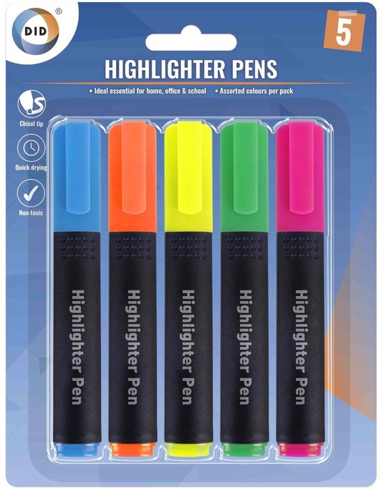 Surligneurs DID - Pack de 5 - Mélange de couleurs fluorescentes - Surligneurs - Séchage rapide
