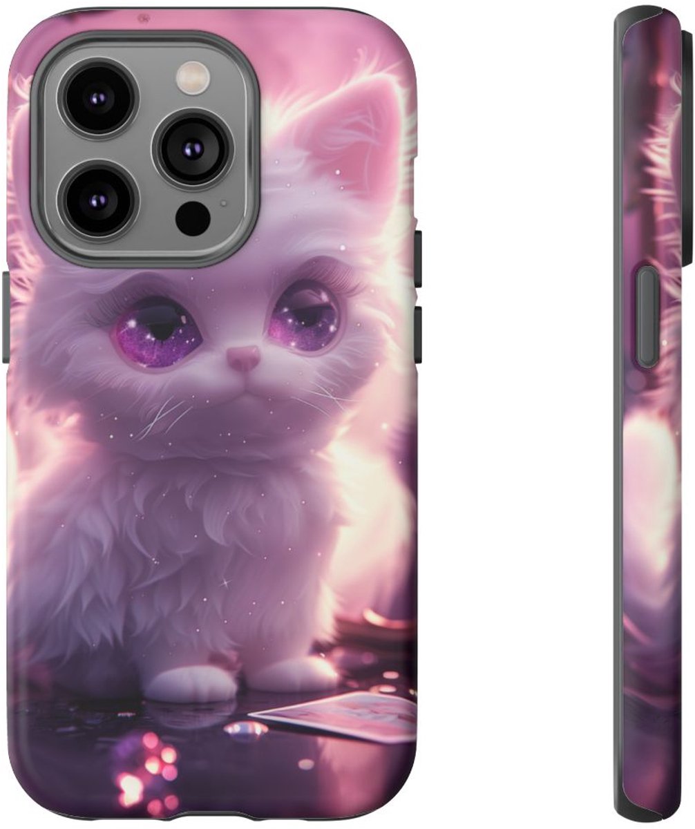 Witte Pluizige Kat met Paarse Ogen – Telefoonhoesje Geschikt voor iPhone 14 Pro