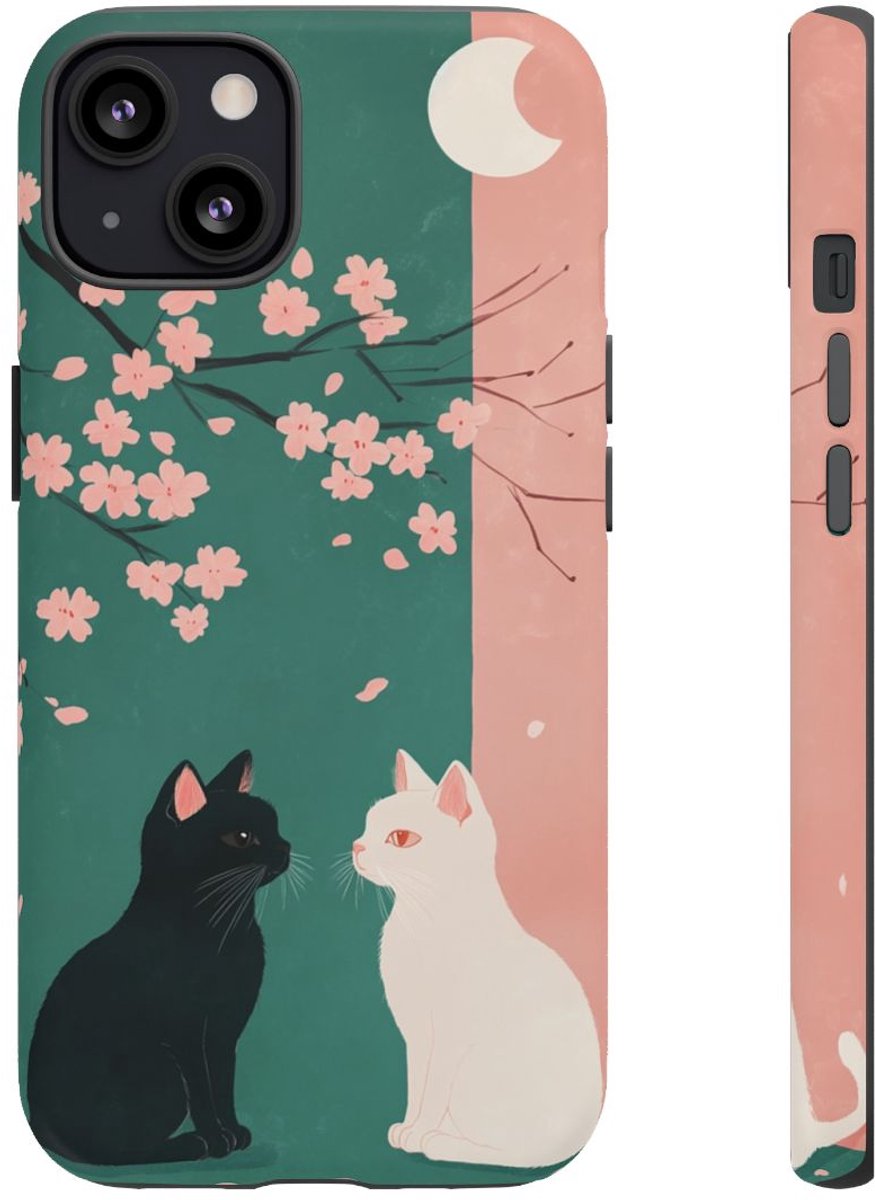 Zwarte en witte katten met kersenbloesem – Telefoonhoesje Geschikt voor iPhone 13