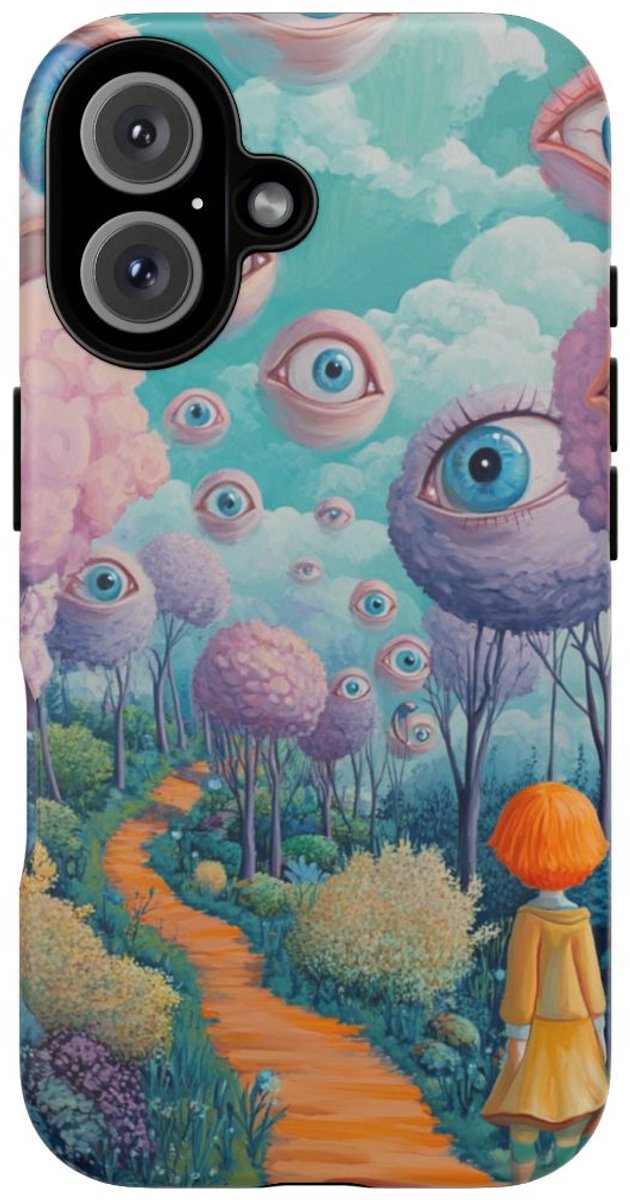 Surrealistische Zwevende Ogen en Kind op Pad – Telefoonhoesje Geschikt voor iPhone 16
