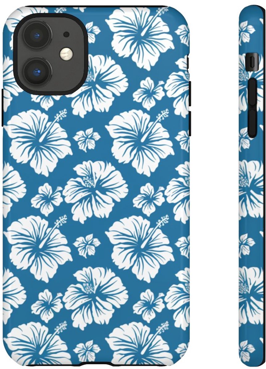 Wit Hawaïaans Bloemenpatroon op Blauw – Telefoonhoesje Geschikt voor iPhone 11