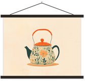 Posterhanger incl. Poster 60x45 cm - Schoolplaat - Oranje - Theepot - Bloemen - Bladeren - Textielposter - Zwarte latten