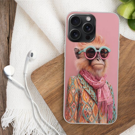 Telefoonhoesje Geschikt voor iPhone 15 Pro Max hoesje - Sjaal - Aap - Zonnebril - Jasje - Siliconen Telefoonhoesje Telefoonhoesje