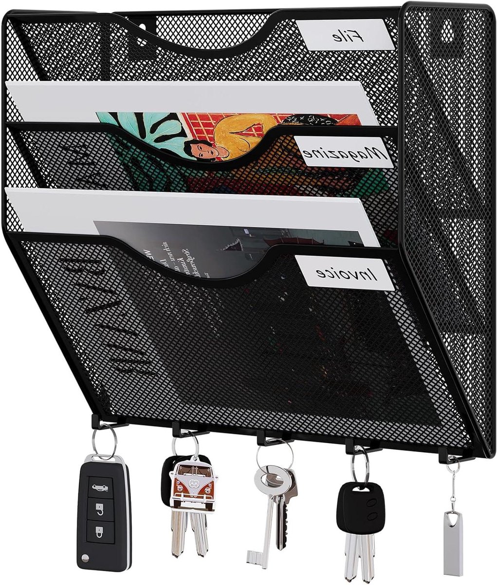 3-laags A4 Mesh in Tray Muur Organizer met 5 Haken en Sleutelhouders - Zwart