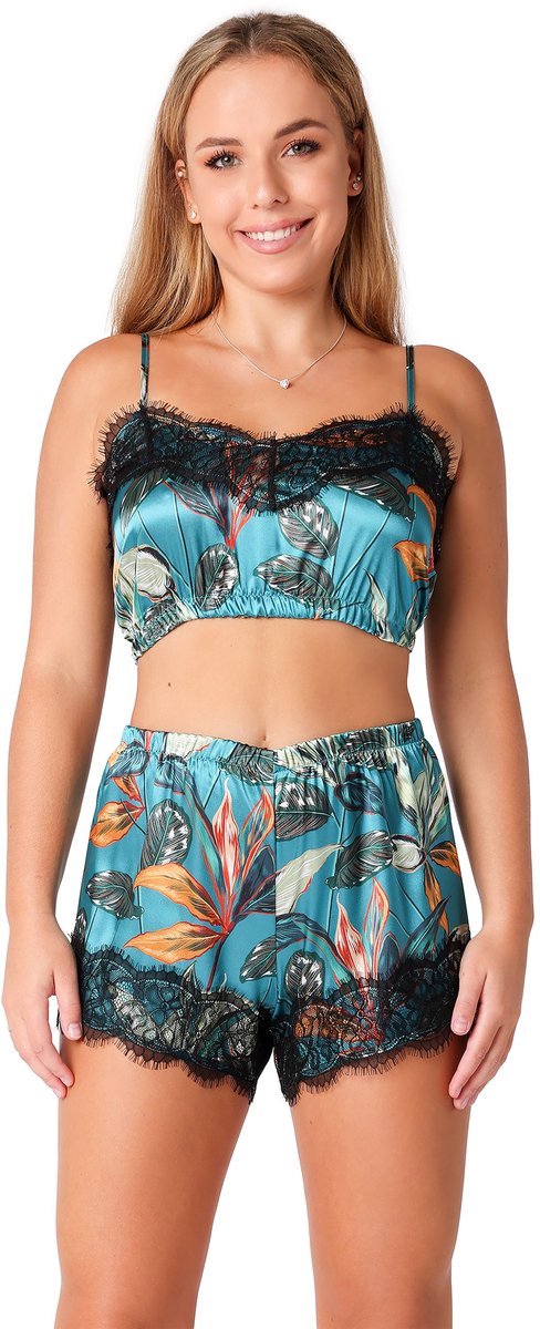 Bellivalini Damespyjama - Tweedelige Top Met – Bandjes - Pyjama in Satijnen – V-hals – Patroon -Emerald Leaves –
