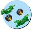 LEGO-onderdelen voor een groene voertuigbouwset, inclusief wielen.