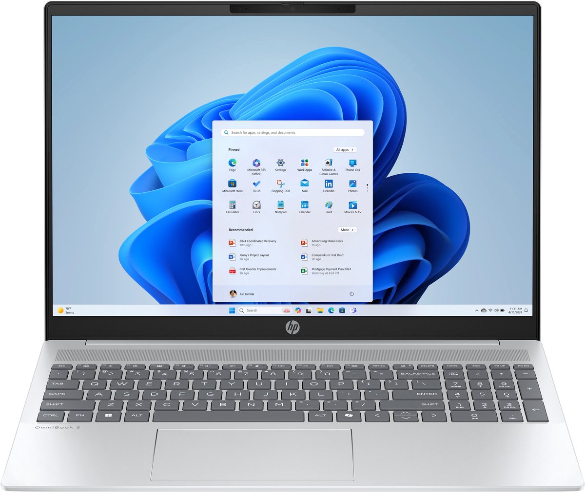 HP OmniBook 5 AI 16-af1616nd Intel Core Ultra 7 255U Laptop 40,6 cm (16") 2K 16 GB LPDDR5x-SDRAM 512 GB SSD Wi-Fi 6 (802.11ax) Windows 11 Home AI PC Zilver QWERTY